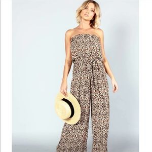 Leopard Print Wide Leg Sash Tie Jumpsuit